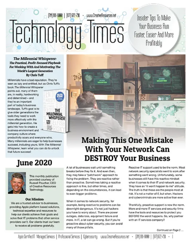 Technology Times June 2020 cover featuring network security warning and The Millennial Whisperer book promotion.