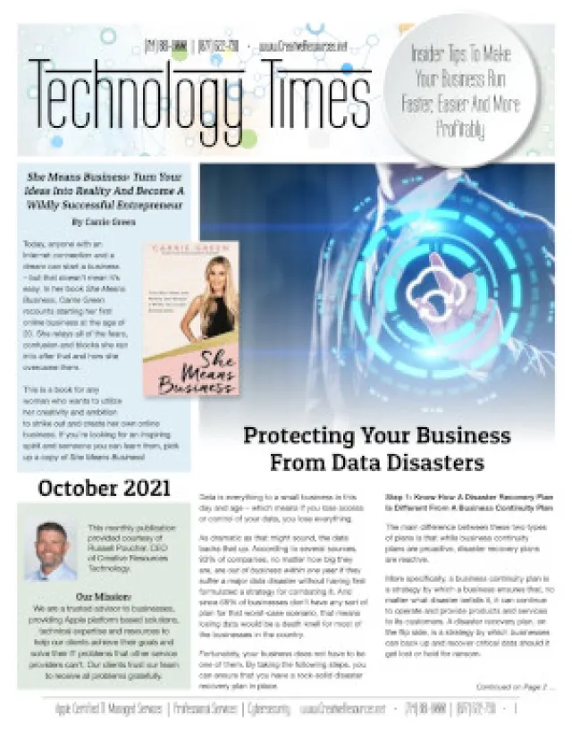 Technology Times October 2021 cover featuring business data protection and cybersecurity concepts