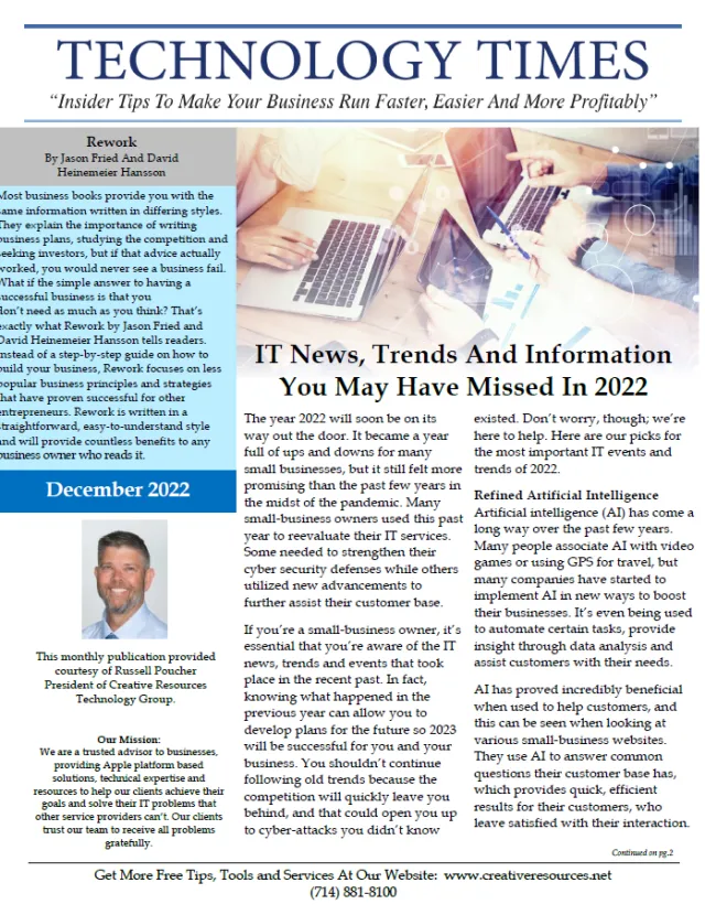 Front page of Technology Times with IT news, trends, and AI insights for small business owners in 2022.