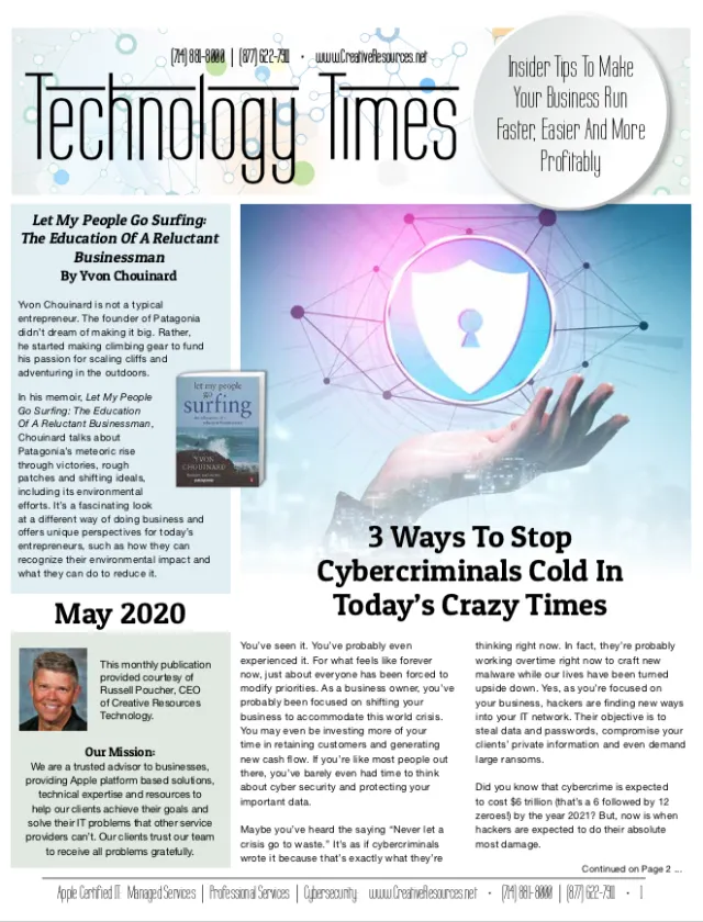 Magazine cover of Technology Times May 2020 issue featuring cybersecurity and business tips.