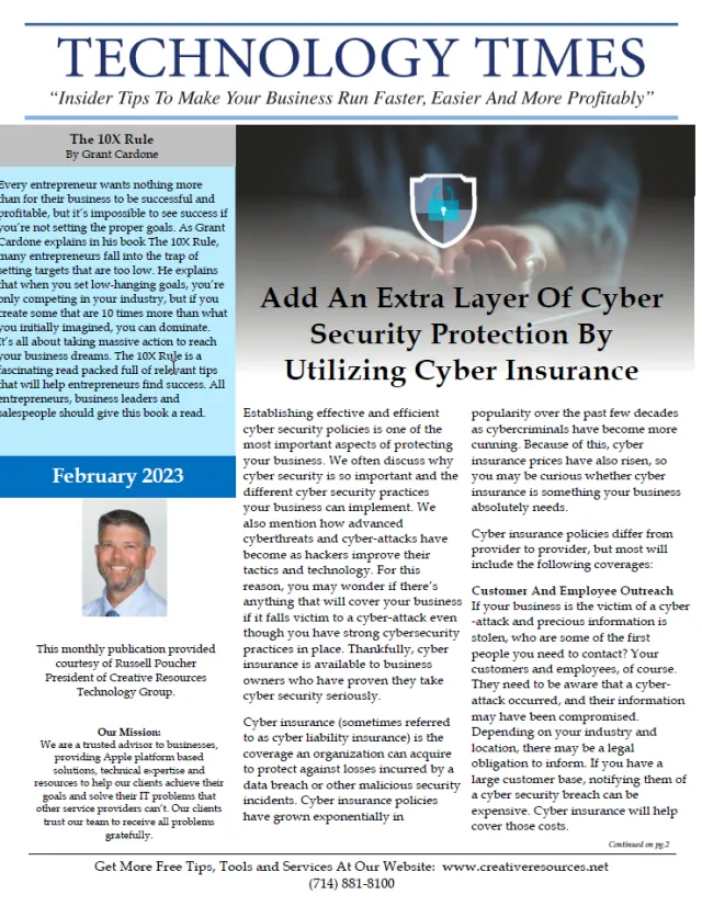 Technology Times newsletter cover highlighting cyber security and cyber insurance strategies for businesses
