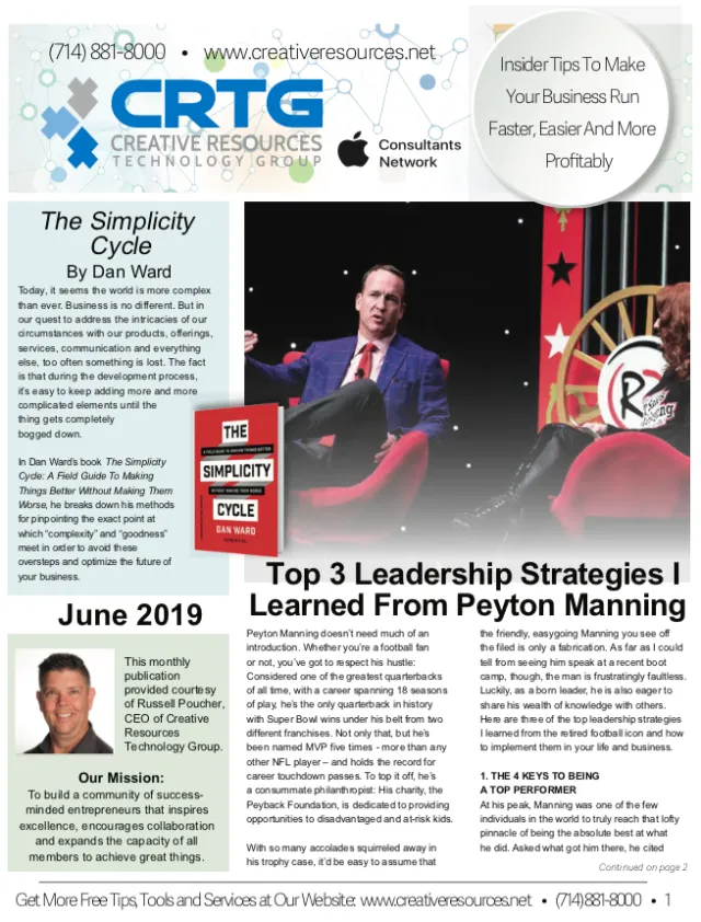 Business newsletter featuring Peyton Manning discussing leadership strategies and a book on simplicity in business.