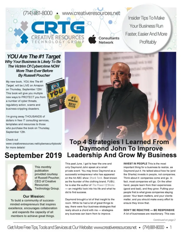 Business newsletter featuring Daymond John speaking, cybersecurity book release, and leadership strategies for growth.