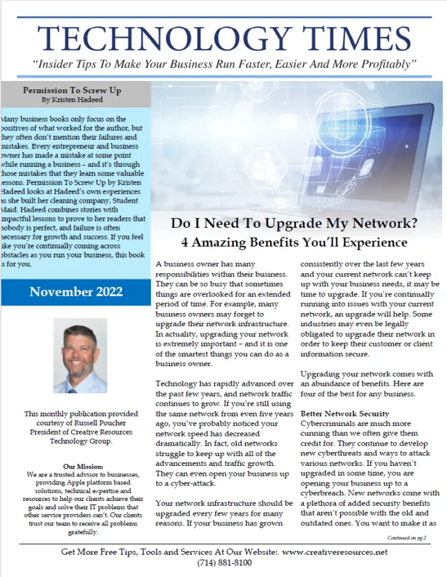 Technology Times newsletter cover discussing business network upgrades and cybersecurity tips, November 2022 edition.