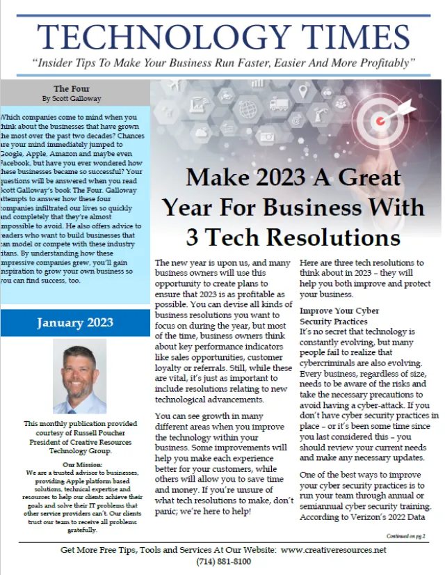 Business newsletter cover titled Technology Times with tech tips for 2023 and a photo of a man in January 2023 section