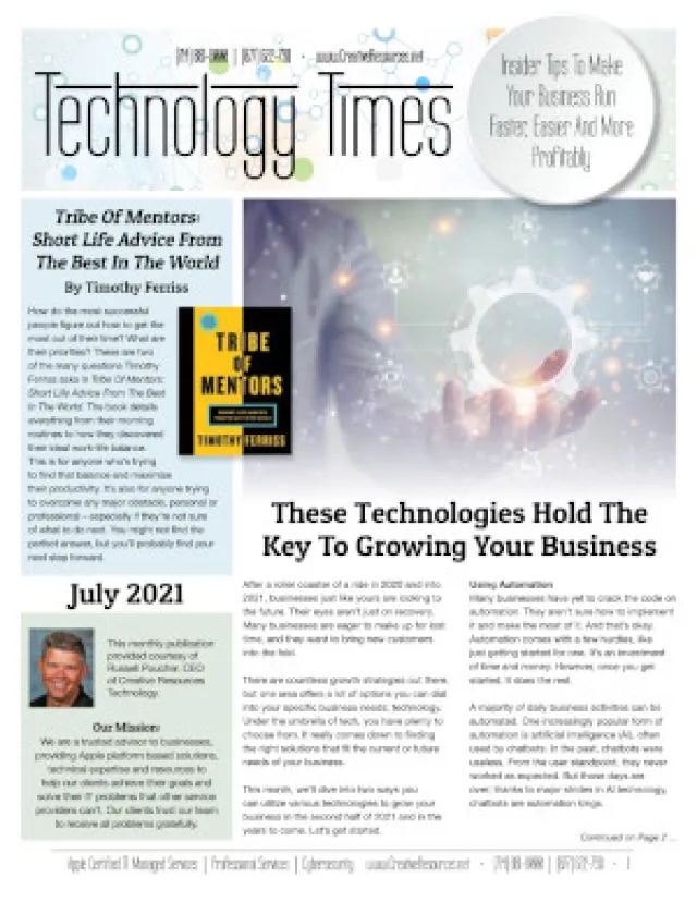 Technology Times July 2021 cover featuring business growth technologies and advice from Timothy Ferriss
