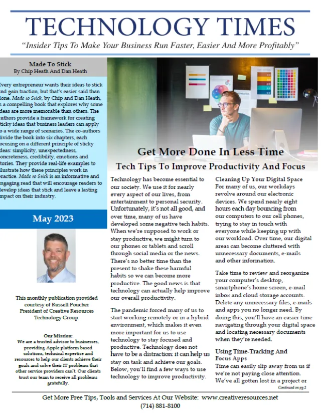 Technology Times May 2023 newsletter cover featuring productivity tips and business insights.
