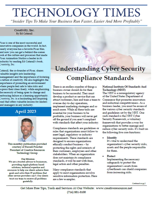 Magazine cover of Technology Times April 2023 featuring cybersecurity compliance standards article and editor's note.
