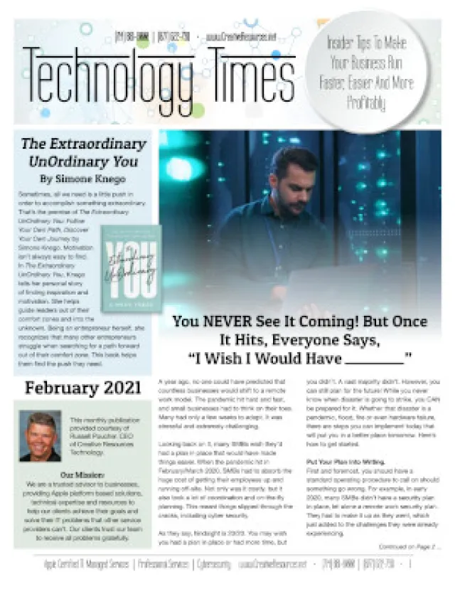 Technology Times February 2021 cover featuring a man working on a laptop in a server room with article headlines.