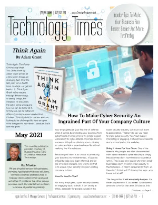 Technology Times May 2021 cover featuring cybersecurity article and book Think Again by Adam Grant
