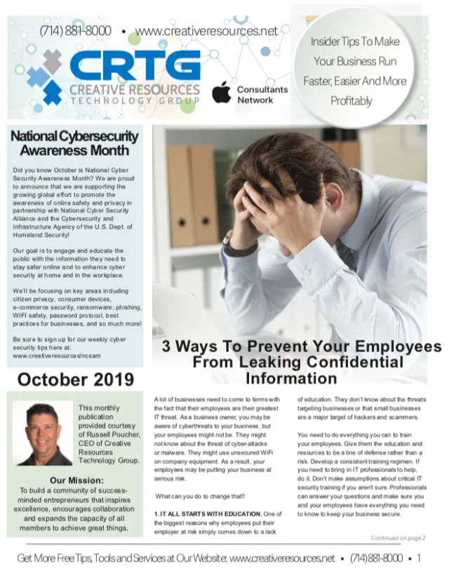 Newsletter cover for National Cybersecurity Awareness Month focused on preventing employee data leaks.