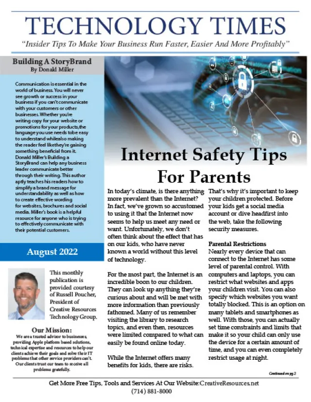 August 2022 Technology Times newsletter with internet safety tips for parents and a feature on Building a StoryBrand.