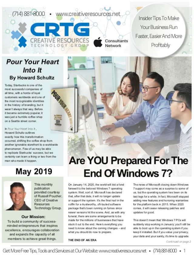 Business team discussing computer work beside an article about Windows 7 end support and a book promo.