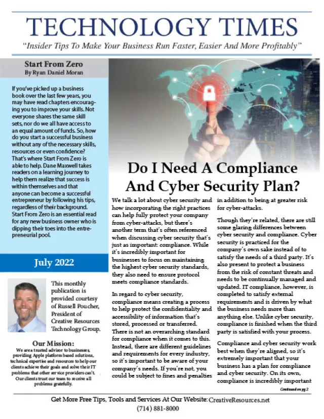 Technology Times newsletter page discussing compliance and cybersecurity plans with a digital lock and global network image.