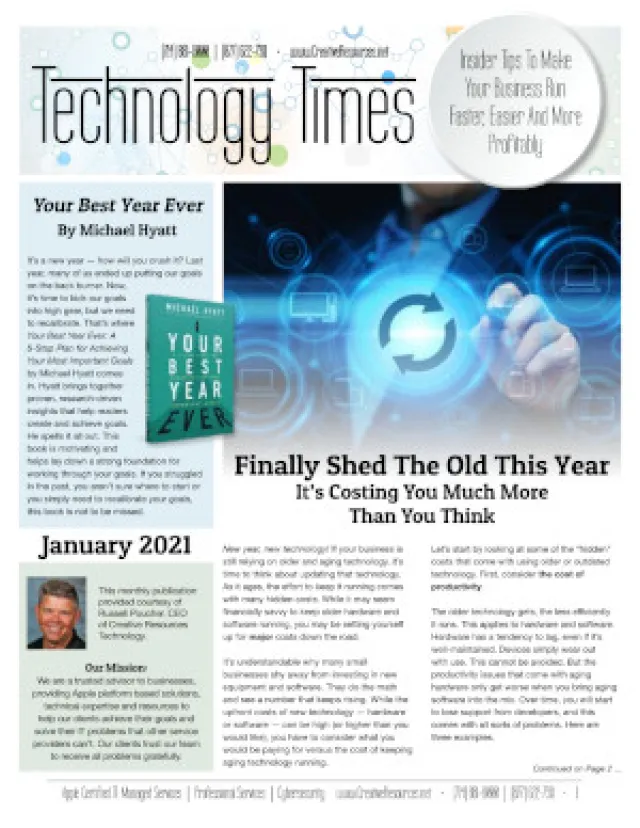 Technology Times newsletter cover with article on business tech upgrades and cost-saving tips, January 2021 edition.