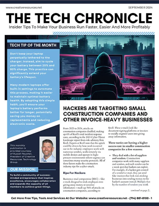 Cover page of The Tech Chronicle September 2024 issue featuring cybersecurity and laptop battery tips.