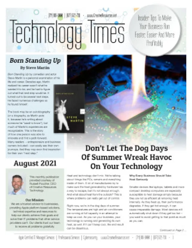 August 2021 Technology Times newsletter cover featuring summer tech tips and Steve Martin book review.