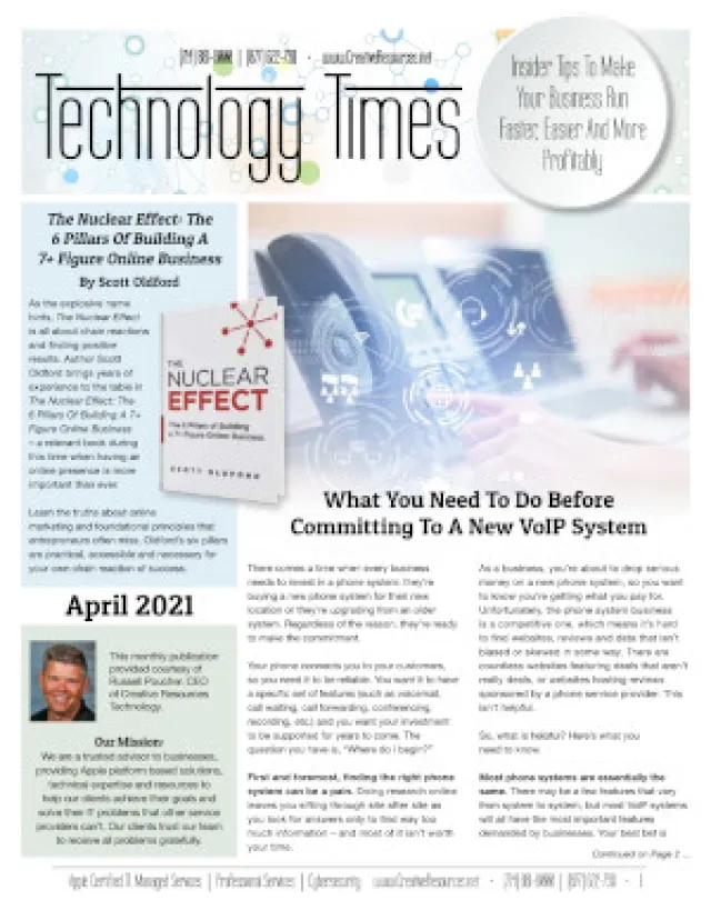 Technology Times April 2021 cover featuring VoIP systems and online business tips with a blurred laptop and phone background