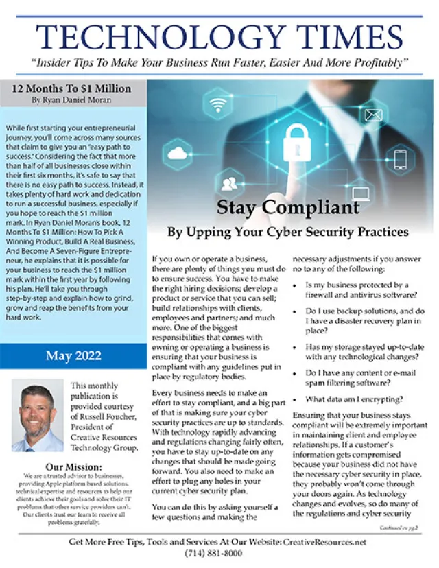 Technology Times newsletter May 2022 issue on business growth and cybersecurity compliance tips