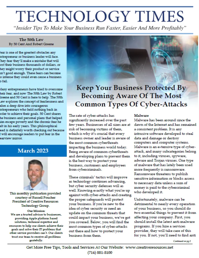Technology Times March 2023 newsletter cover on cyber-attack protection and business security tips.