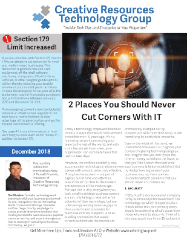 Newsletter from Creative Resources Technology Group on IT best practices and tax deduction updates, dated December 2018.