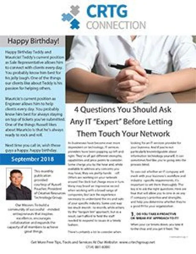 Newsletter page featuring CRTG Connection logo, birthday message, and IT expert network advice with person at desk.
