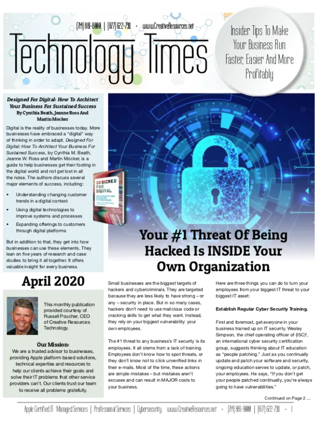 Technology Times April 2020 cover highlights cybersecurity risk from employees with digital lock graphic and book feature.
