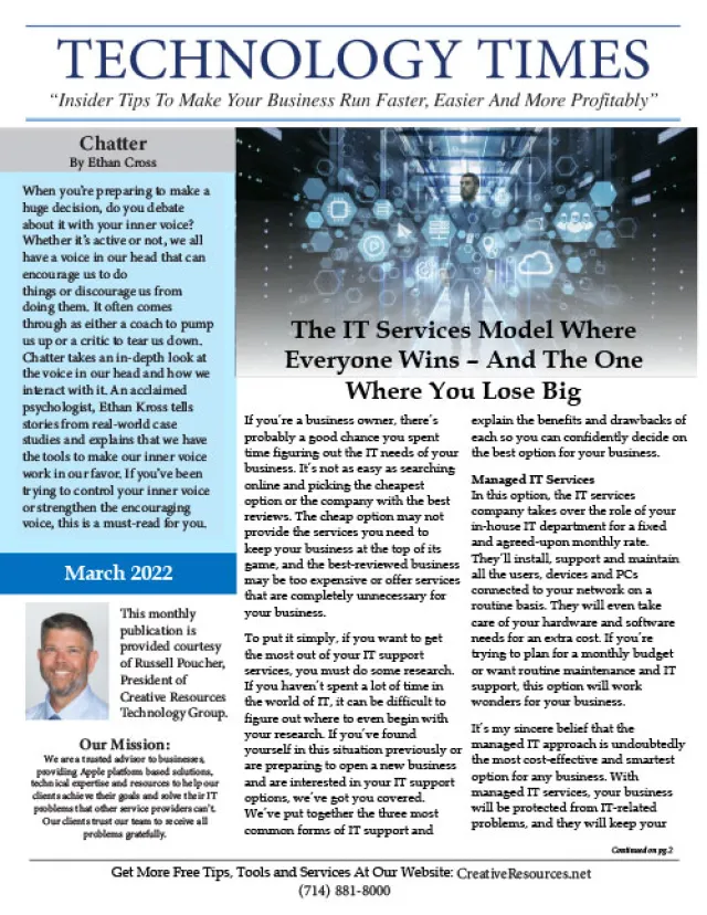 Technology Times newsletter cover featuring IT services article and business advice for March 2022 edition