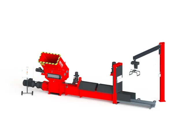 Industrial red shredding machine with conveyor belt and robotic arm on white background
