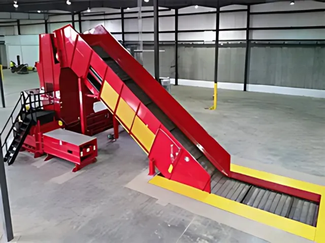 Red and yellow industrial conveyor belt system in a large warehouse with metal stairs and safety features.