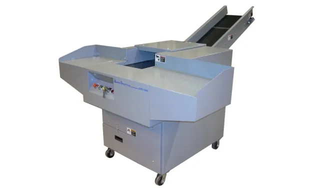 Industrial gray paper sorting and conveyor machine with control panel and wheels on white background