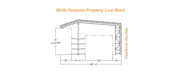 Blueprint side view of multi-purpose property line shed with dimensions and roof details.