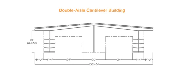 Technical drawing of a double-aisle cantilever building with dimensions and clearances.