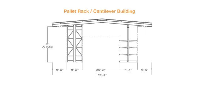 Blueprint of a pallet rack and cantilever building with detailed measurements and structural elements.