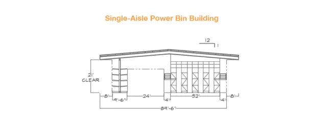 Architectural drawing of a single-aisle power bin building with dimensions and structural details.