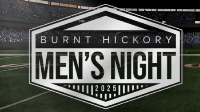 Burnt Hickory Men's Night 2025 logo over a football stadium background with crowd seating visible.