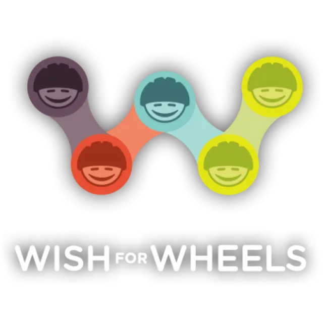 Colorful interconnected smiling faces above bold Wish for Wheels text logo on black background