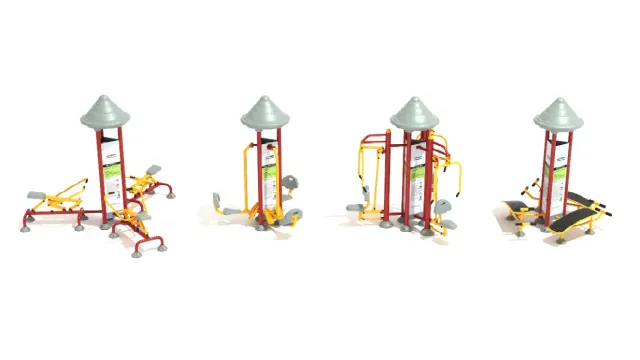 Four outdoor fitness equipment stations with red and yellow frames and silver canopies on top for public exercise areas.