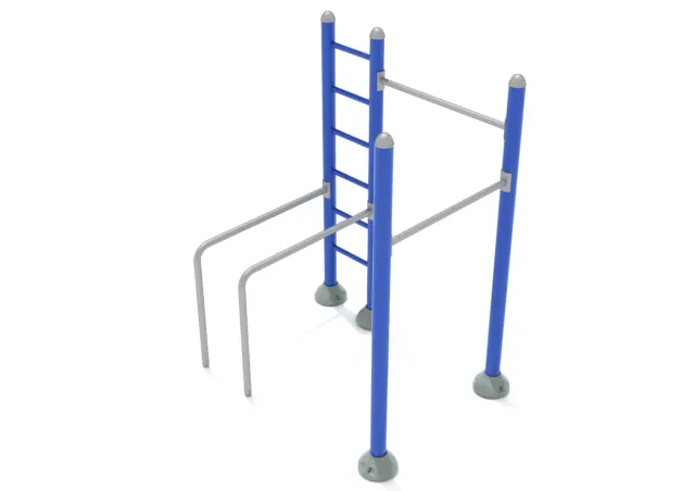 Blue and silver outdoor fitness station with pull-up bars and climbing ladder on white background