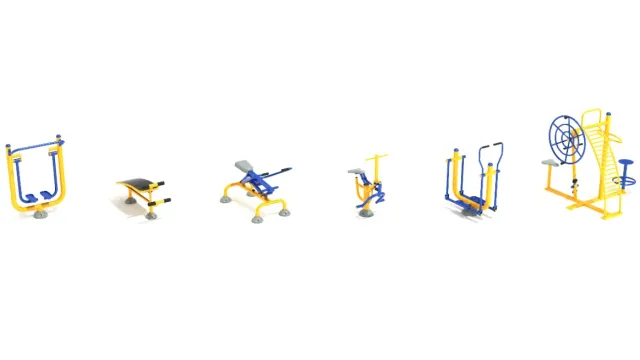 Outdoor gym equipment set with benches, elliptical trainers, rowing machines, and climbing structures in yellow and blue.