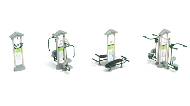 Four outdoor fitness stations with chest press, leg press, bench press, and arm exercises on white background.