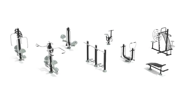 Outdoor fitness equipment set including various strength training and cardio machines on white background