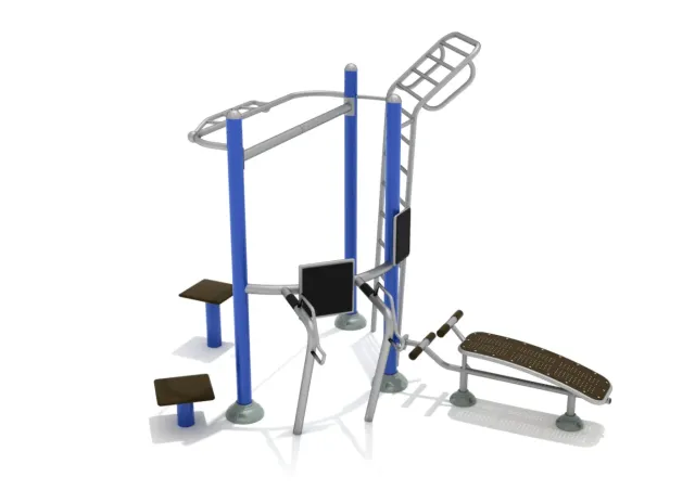 Outdoor fitness station with pull-up bars, parallel bars, and bench for strength training exercises.