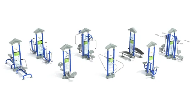 Set of outdoor gym equipment stations in blue and gray for full-body workouts on white background