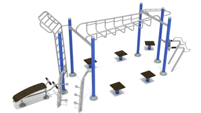 Outdoor fitness station with monkey bars, benches, ladders, and dip bars for full body workouts