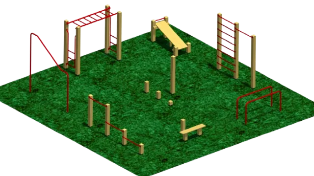 Outdoor fitness playground with monkey bars, balance beams, and climbing structures on grass.
