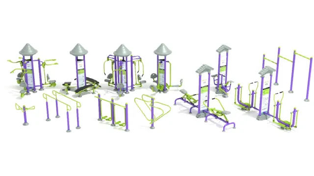 Outdoor fitness equipment set with purple and green color scheme on white background