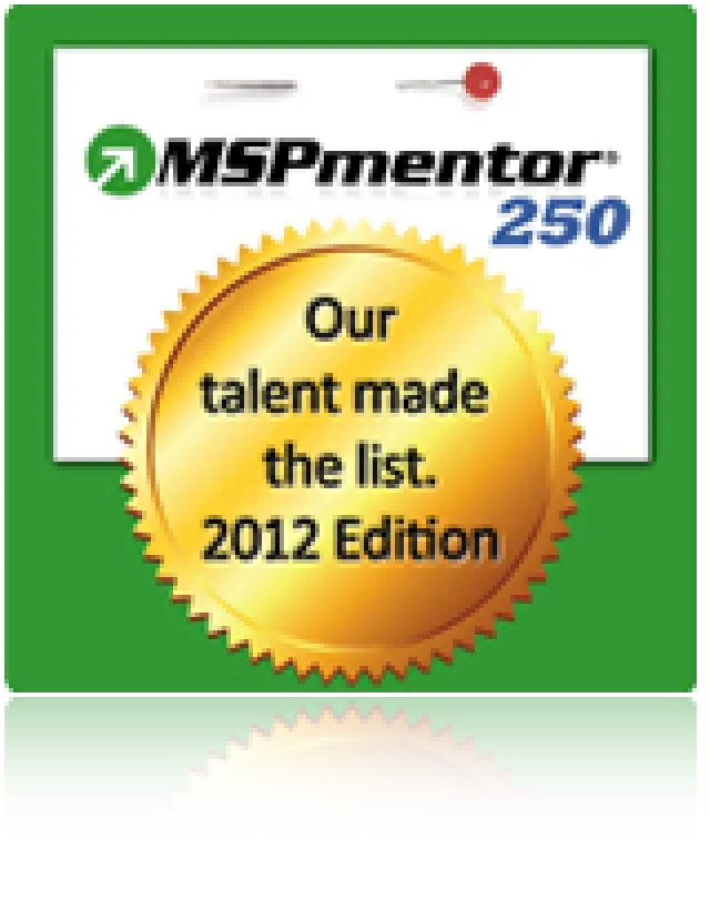 MSPmentor 250 2012 Edition badge with gold seal stating Our talent made the list on green background.