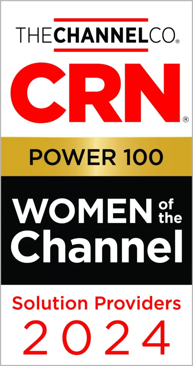 CRN Power 100 Women of the Channel 2024 Solution Providers award badge with red, black, and gold colors.