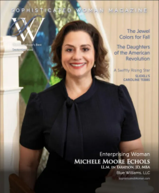 Smiling woman in black dress on Sophisticated Woman Magazine cover with text about Michele Moore Echols and fall colors.